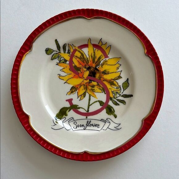Anthropologie Eyewanderer S Sunflower Alphabet Plate Red Rim 6” - Picture 1 of 8